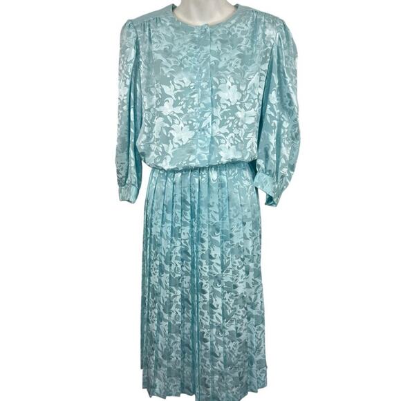 Alexis Fashions Womens Blue Satin Floral Pleated Blouson Midi Vintage Dress sz M - Picture 1 of 16